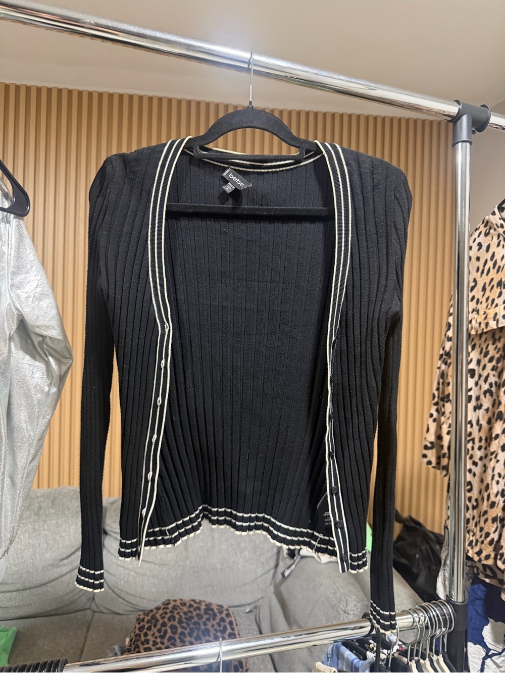Bebe Black Ribbed Open Cardigan with White Trim M #205